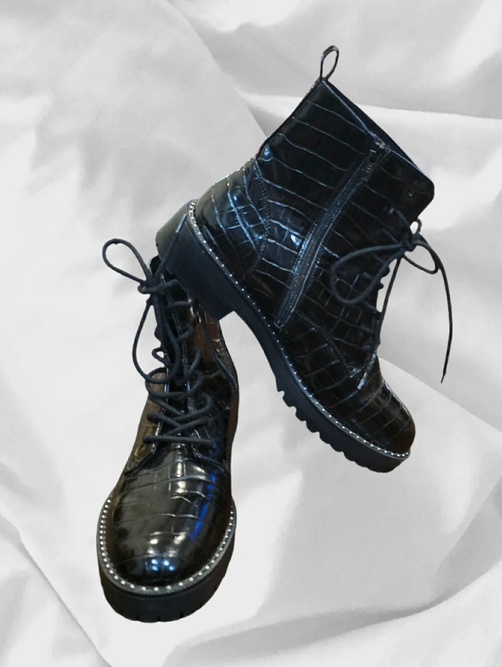 a new day Black Croc-Embossed Lace-Up Combat Boots with Side Zip